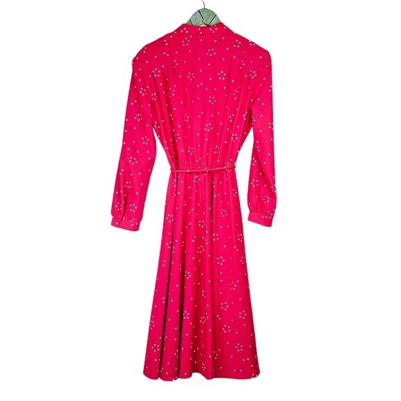 Vintage 70's Red Dress with White Stars, Midi, Tie Waist and Button Front, Sz 12 - Picture 2 of 11